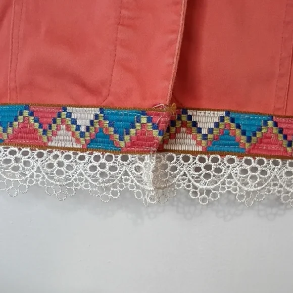 Ami Peachy Orange Coral Shabby Chic Western Jacket w/ Lace Collar Trim M - Picture 5 of 10